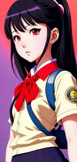 Anime schoolgirl with red background.