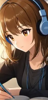 Anime girl with headphones studying, detailed art.