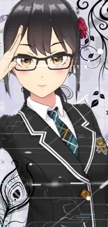 Anime character in school uniform, saluting with glasses.