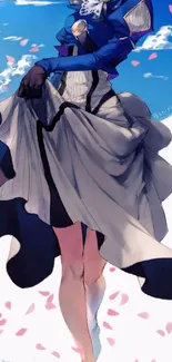 Anime style character in elegant dress with blue sky and pink petals.