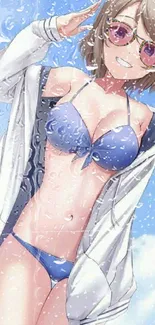 Anime girl in sunglasses at the beach, vibrant blue hues.