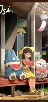 Anime characters enjoying watermelon on a sunny porch.