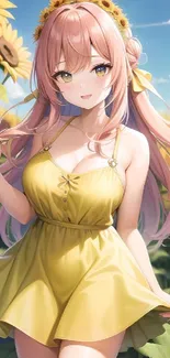 Anime girl in yellow dress with sunflowers under blue sky.