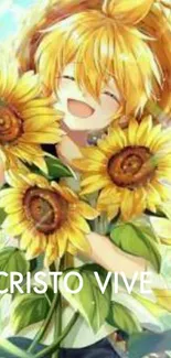 Anime character with sunflowers, radiating joy.