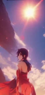 Anime character beneath a vibrant sunset sky with mystical scenery.