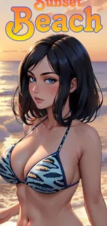 Anime girl in bikini at sunset beach with ocean waves in background.