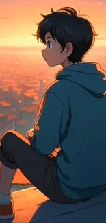 Anime boy overlooking sunset cityscape, vibrant and serene.