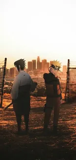 Anime characters at sunset with cityscape background.