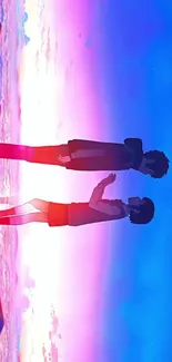 Silhouetted anime couple with vibrant sunset sky.