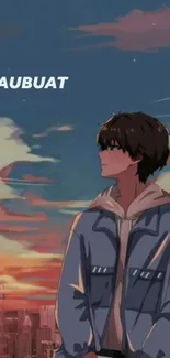 Anime character under a sunset sky with cityscape view.