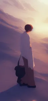 Anime character in sunset on a mountain path, creating a serene and peaceful scene.