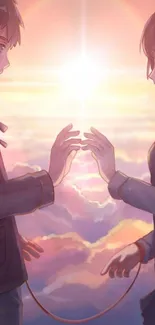 Anime characters at sunset, touching hands.