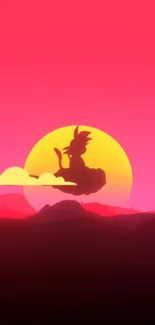 Anime silhouette on cloud at sunset with pink and red gradient sky.