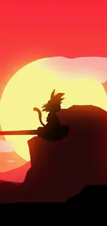 Anime silhouette at sunset with red hues and vibrant colors.