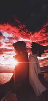 Anime characters silhouetted against a vivid red sunset.