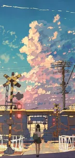 Anime street scene with sunset sky and clouds.