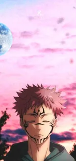 Anime character under pink sky with moon.