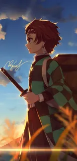 Anime warrior at sunset with dramatic sky.