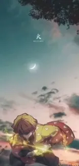 Anime character under crescent moon in serene evening sky.