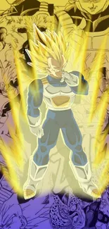 Super Saiyan anime wallpaper with dynamic aura and comic background.