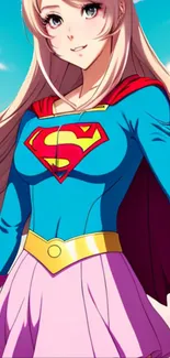 Anime superhero girl in blue and red costume with a cape, vibrant mobile wallpaper.