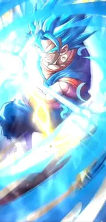 Anime superhero charging with blue aura