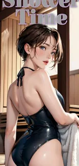 Anime girl in black swimsuit with towel in elegant setting.