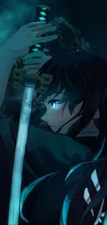 Anime character holding glowing sword in dark atmosphere.