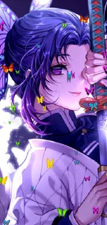 Anime character with sword and butterflies, in a mystical purple setting.