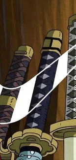 Three anime styled swords against a wooden backdrop.