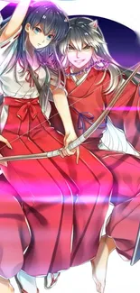 Anime duo in traditional attire wielding swords with vibrant colors.