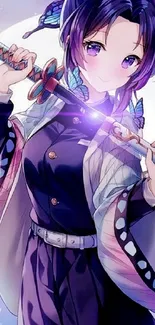 Anime character with sword and butterflies.