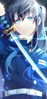 Anime character with blue tones holding a sword gracefully.