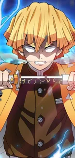 Anime warrior holding electric sword with vibrant energy.