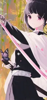 Anime character wielding a sword with butterflies and colorful background.