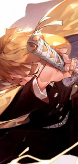 Anime character with sword in dynamic pose, golden hues.