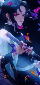 Anime swordfighter with colorful butterflies in a vibrant scene.