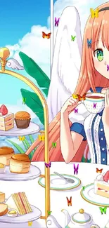 Anime tea party with angel character enjoying desserts.