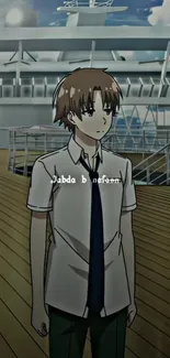 Anime teen standing on a ship's deck with a blue sky and clouds.