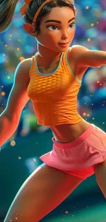 Anime tennis player in action with vibrant background.