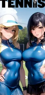 Anime tennis scene with two characters in blue outfits on a court.