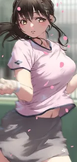 Anime girl playing tennis on court with dynamic pose and vibrant colors.