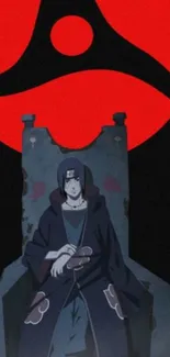 Anime character sitting on a throne beneath a red symbol.