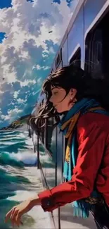 Anime character on train enjoying ocean view