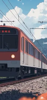Anime train on scenic railway with mountains in background.