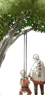 Anime scene with swing under tree.