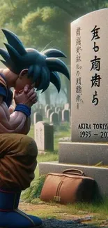 Anime character kneeling by a gravestone in a serene setting.