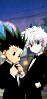 Anime characters in tuxedos with urban evening background.