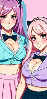 Anime twin sisters with pastel hair and outfits.