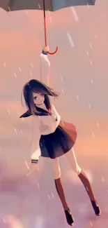 Anime girl hanging from umbrella with pastel sky.